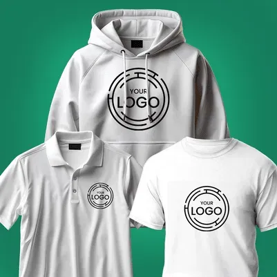 White hoodie, polo, and t-shirt examples for custom apparel printing