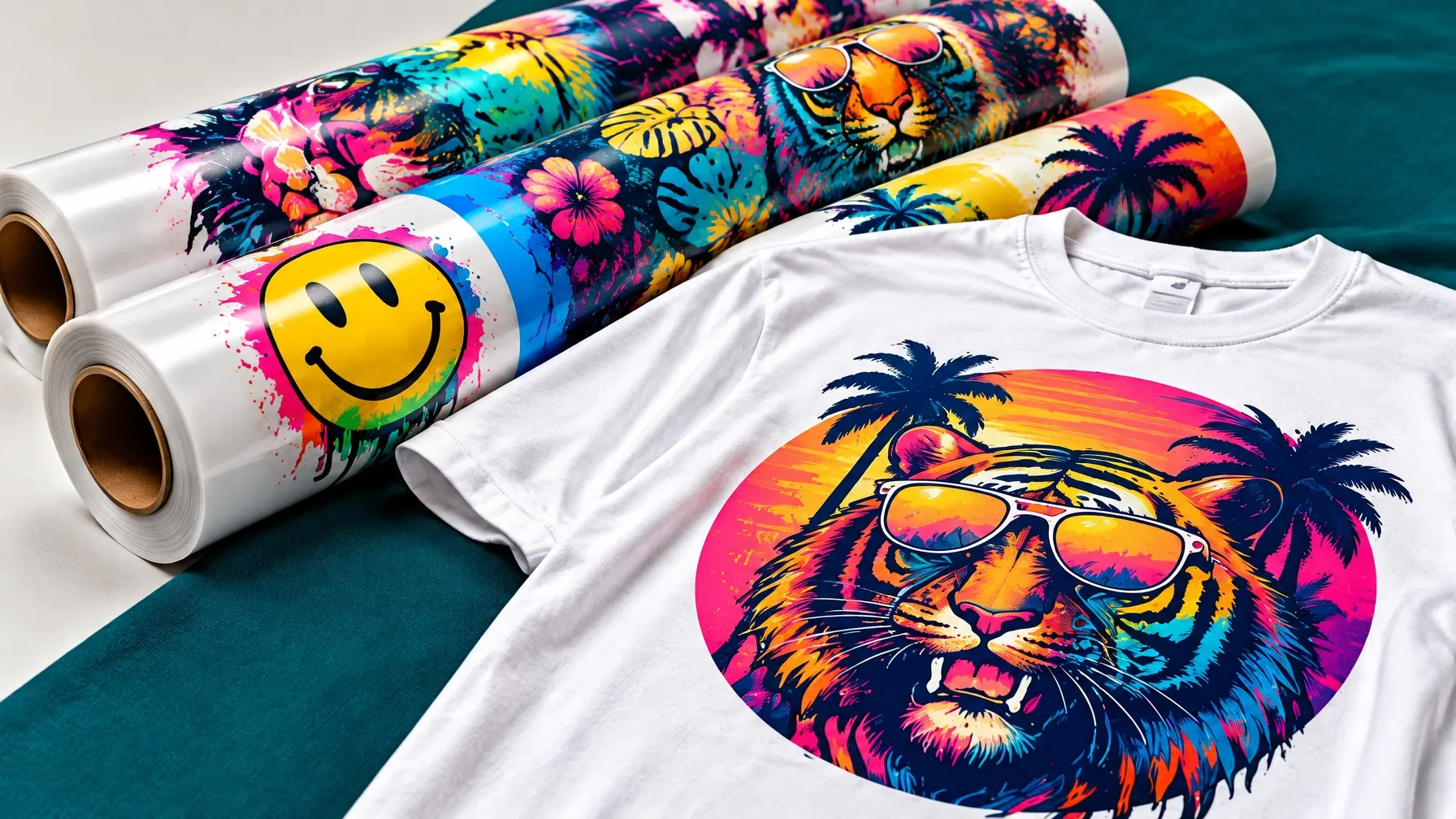 Colorful DTF transfer rolls beside a custom-printed white t-shirt