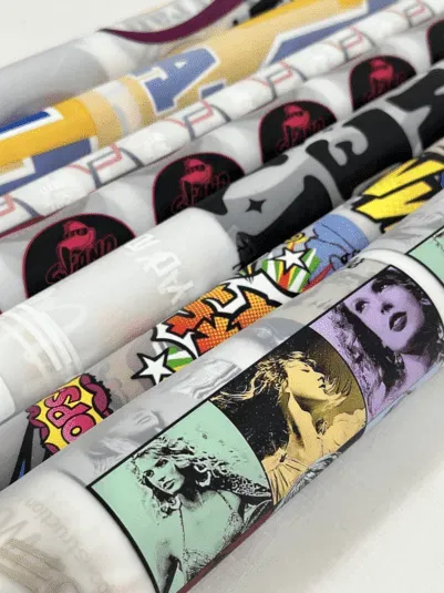 Colorful DTF transfer sheets arranged in rolls